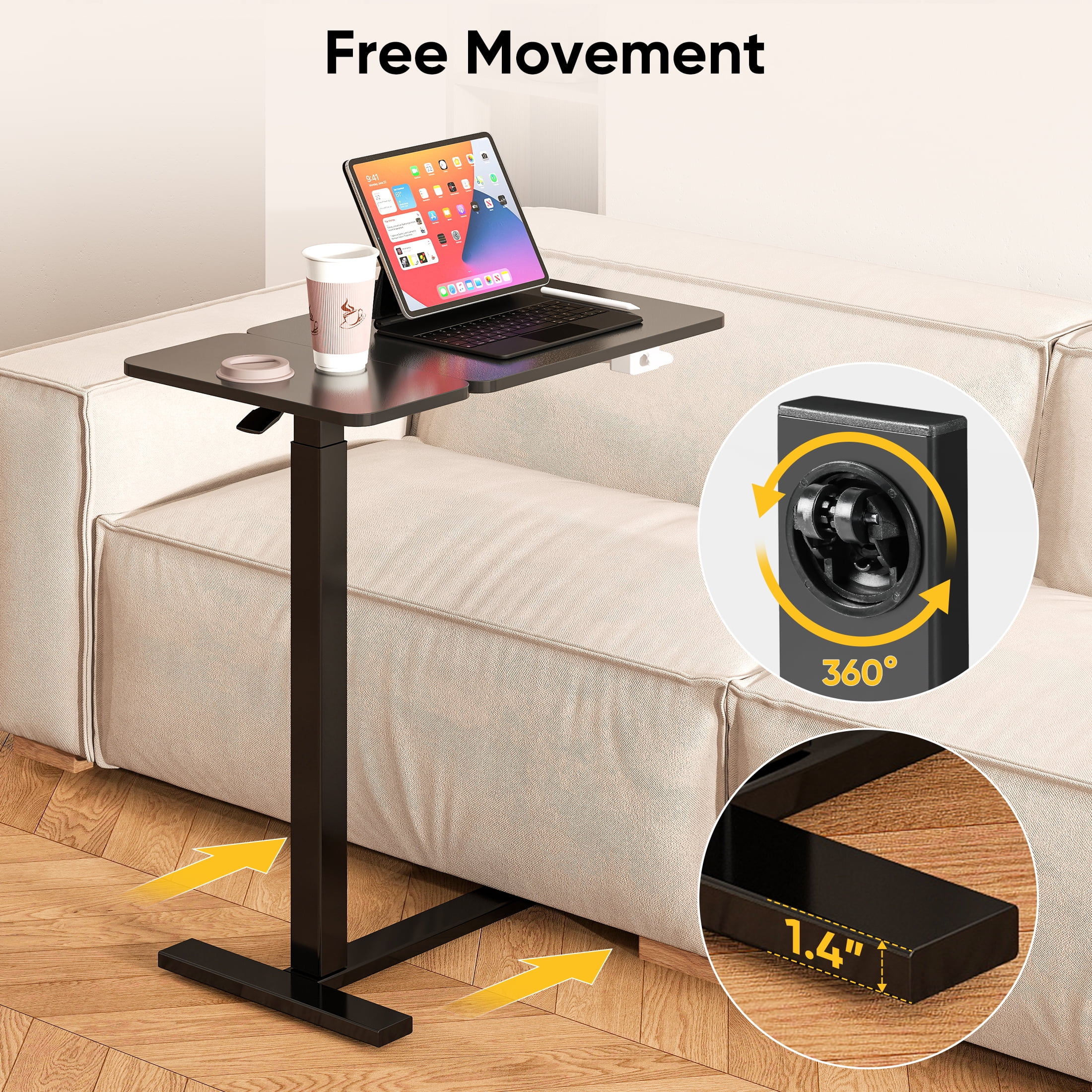 ZUNMOS Overbed Bedside Lap Desk with Wheels and Tilt Top, Mobile Standing Lap Desk Pneumatic Adjustable Height for Home Office Bedroom Sofa, Black