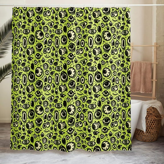 Eyeball Pattern Bathroom Shower Curtain, Punk, Emo, Cartoon, Weird Home, Lime, Chartreuse, Halloween Fabric Shower Curtain, Unique Home Decoration, Spooky Bath Accessories 66x72in