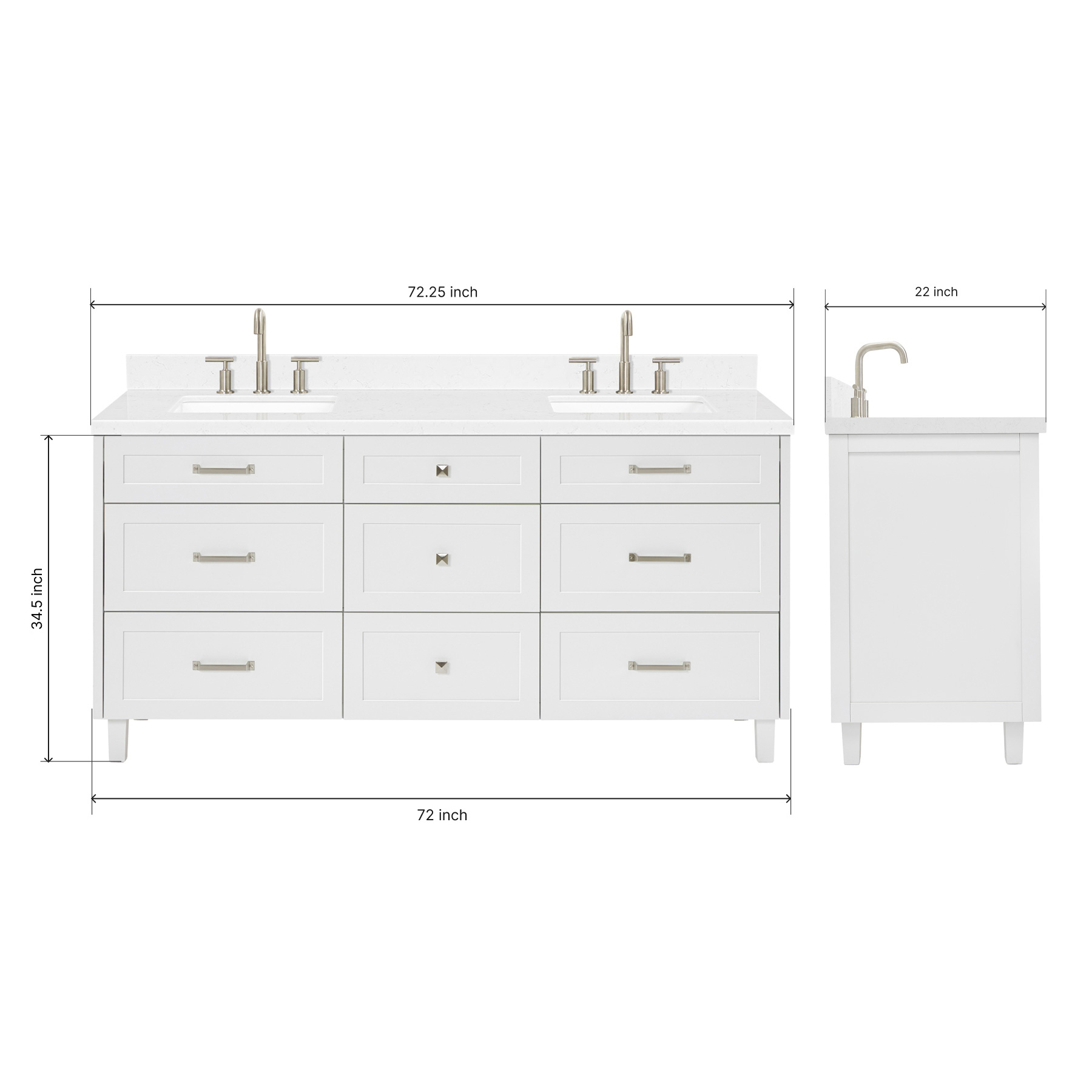 ARIEL Monroe 72 Inch Double Rectangle Sink Bathroom Vanity With Carrara White Quartz Countertop 1.5 Inch Edge In White