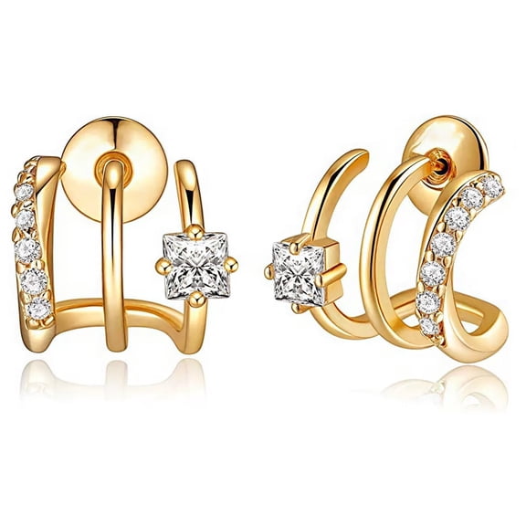 ZSPERKLA 14k Gold Plated Triple Stud Earrings for Women CZ Crystal Hoop Earrings Gold Hoop Earrings Jewelry Gifts
