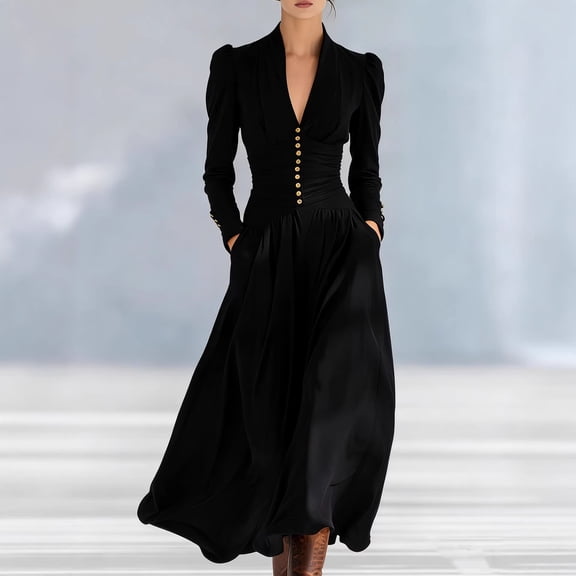 Women’s Solid Color Maxi Dress Deep V Neck Puff Shoulder Long Sleeve Swing Dress with Ruched Waist Gold Buttons and Hidden Pockets