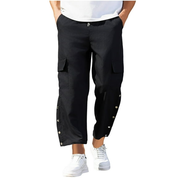 Wyobmus Men's Cargo Pants Tear Away Pull On Pants Snap Button Tearaway Elastic Waist Pants Retro Windbreaker Pants Black