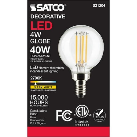 Satco S21204 G16.5 Globe LED Light Bulbs 4W 120V 2700K 90CRI E12 Candelabra Base Dimmable (6 Pack)