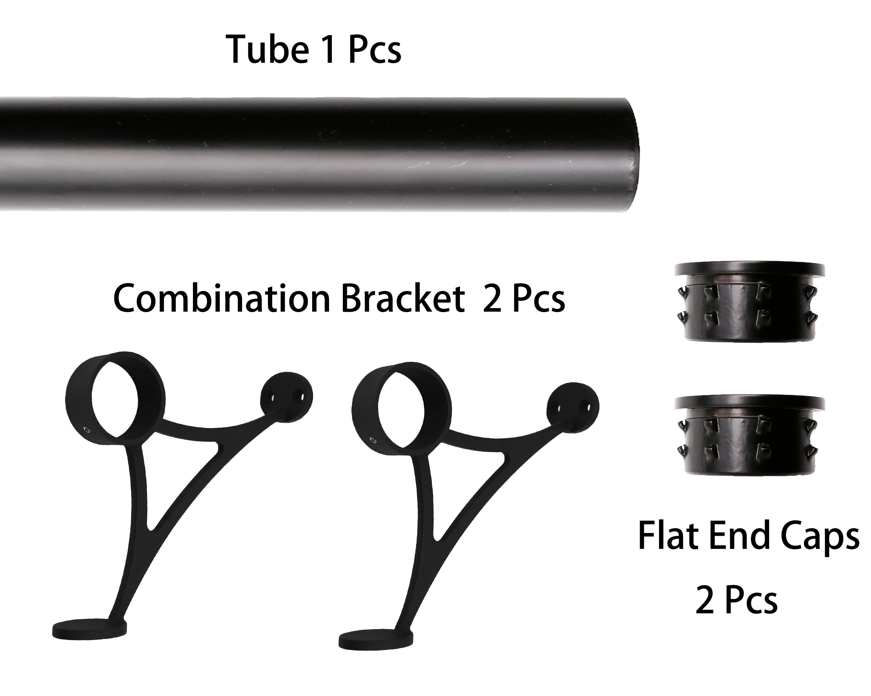 Solid Bar Mount Foot Rail Kit, Matt Black Stainless Steel Tubing w/Internal Connector, Combination Foot Rail Brackets, Flat End Cap, 3 ft = 36 in x 1