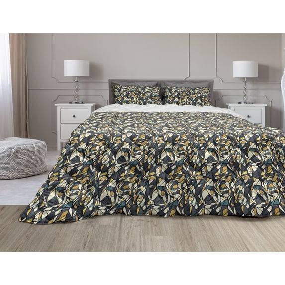 Abstract Comforter & Sham Bedding Set, Fractal Formless Trippy Shapes in Contrast Tones Diagonal Mosaic Style Image, 3 pcs Duvet Set Microfiber Filling Quilt, 5 Sizes, Multicolor, by Ambesonne