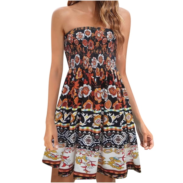 Dvkptbk Women's Summer Dresses 2024 Mode Boho Floral Robe de Plage Sans Bretelles Maxi Robe Grande Taille Tube Top Longue Jupe Robe de Plage