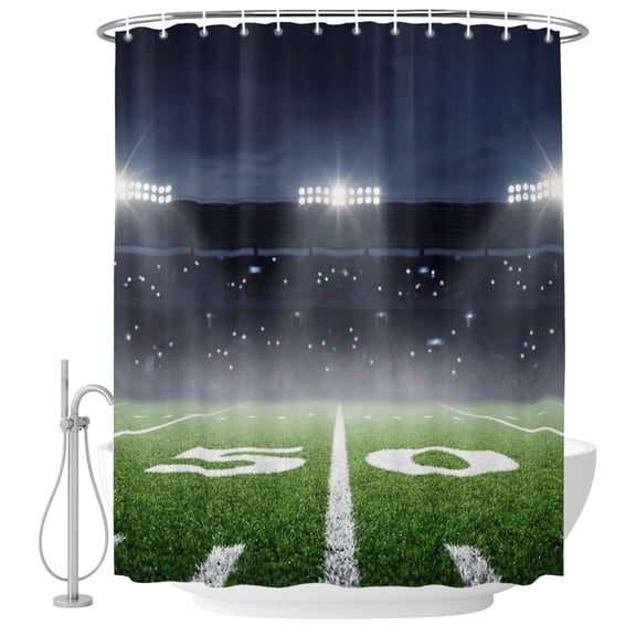 Sports Theme Shower Curtain Set - 72" x 78" Washable Bathtub Curtain with 12 Hooks, Football Field Lights Green Grass White Text Waterproof Fabric Stall Shower Curtains for Bathroom/Bathtub Décor