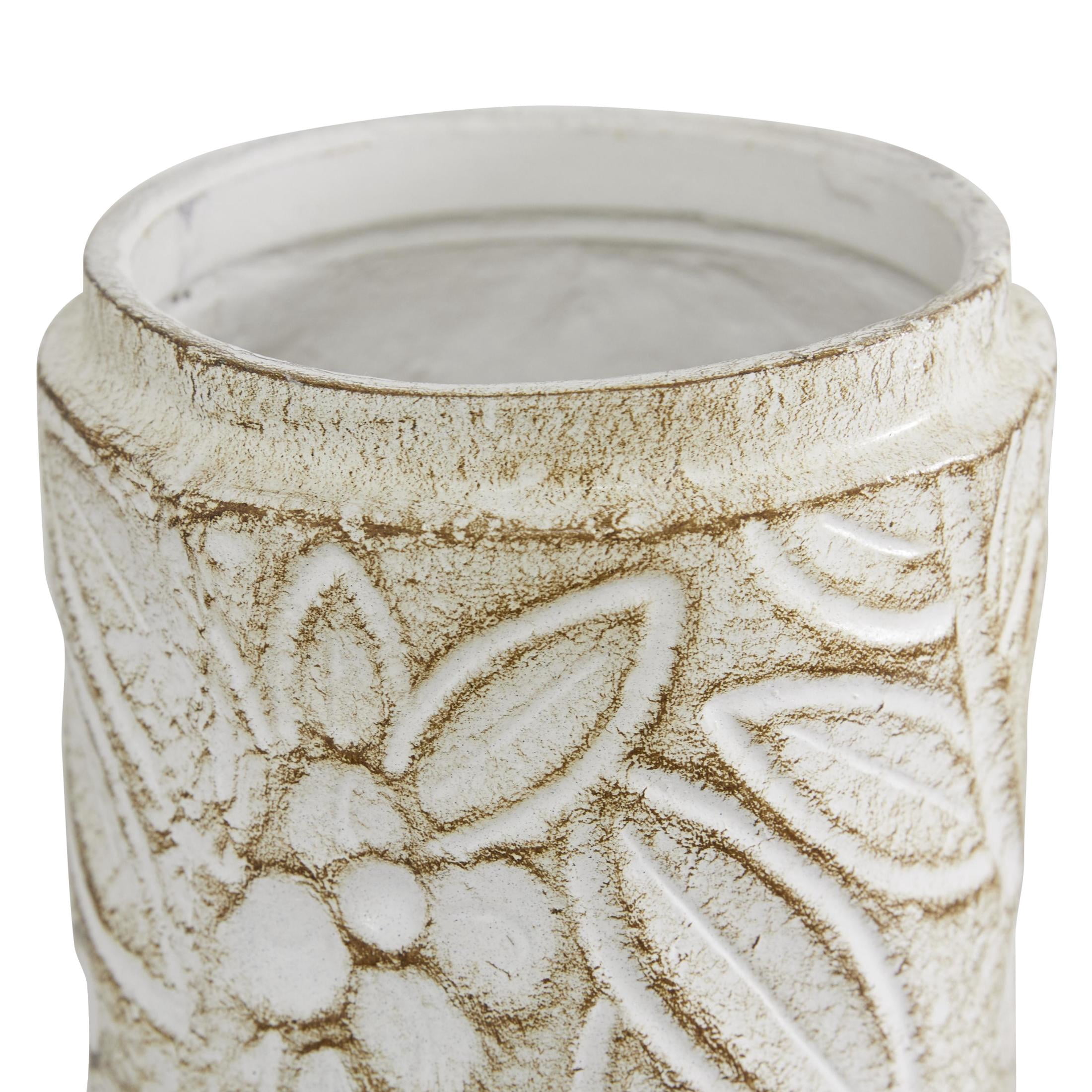 DecMode 9", 11"H White Ceramic Floral Handmade Intricately Carved Decorative Jars with Wood Lids, 2-Pieces