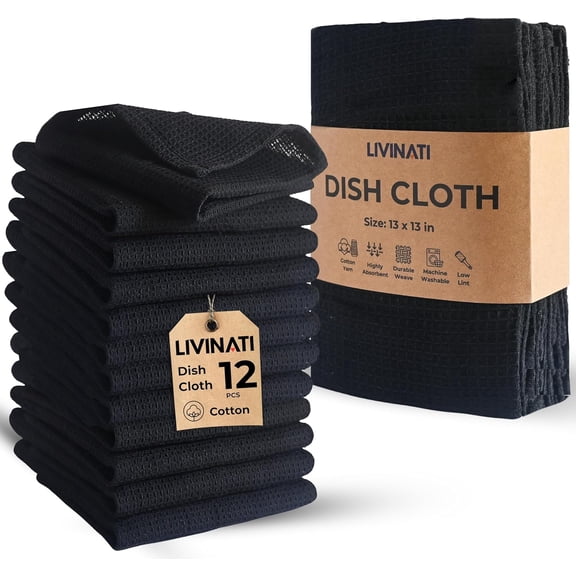 Kitchen Dish Cloths for Washing Dishes - Waffle Weave Cotton Dish Rag Towel - 13"x13" Set of 12 Black Kitchen Washcloth Dishcloth Dishrag Dishtowel Wash Cloth