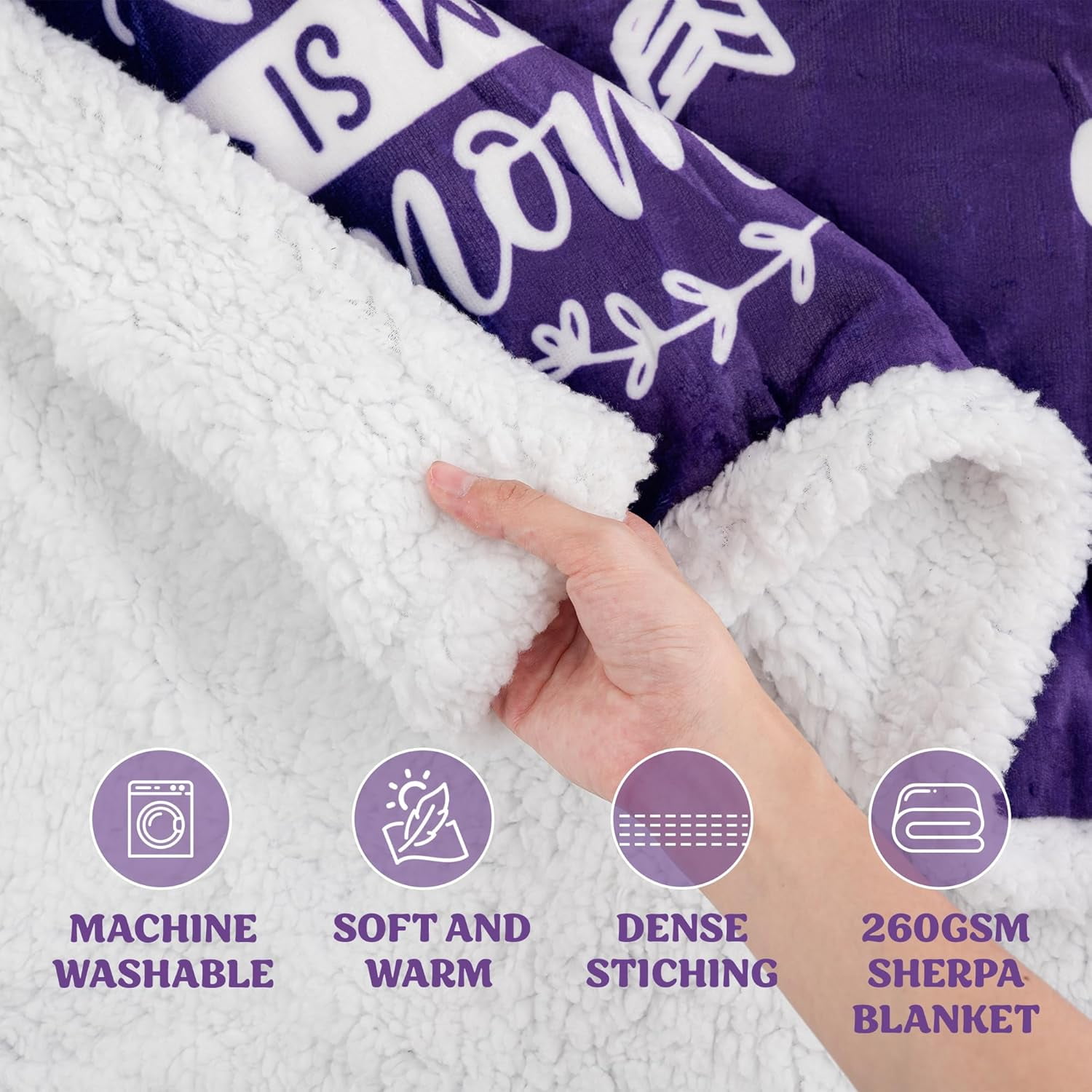 Mothers Day Gifts Love Mom Sherpa Fleece Wearable Hooded Blanket from Daughter Son, I love You Mom, Big Hug Blanket for Mom Birthday Gifts, Inspirational Gifts for Women (Purple)