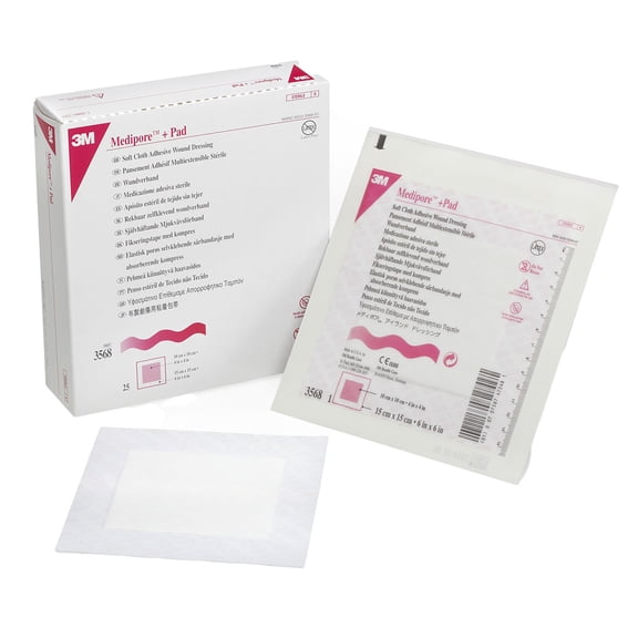 3M Medipore Pad Soft Cloth Adhesive Wound Dressing, Sterile, White, 6" x 6", 25 Count, 1 Pack