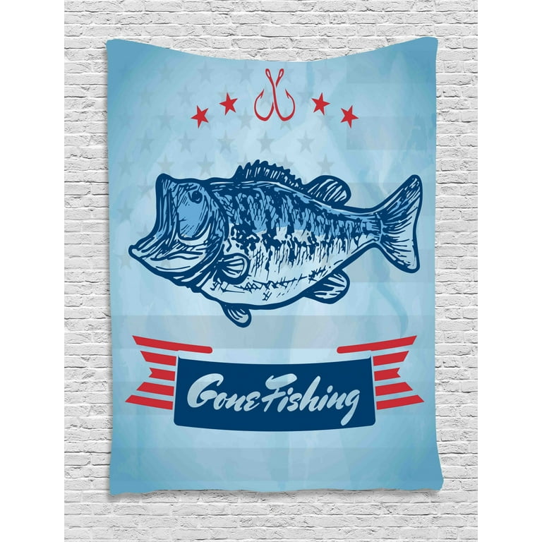 Gone Fishing Tapestry, Trout Fish Pictogram with USA National Flag