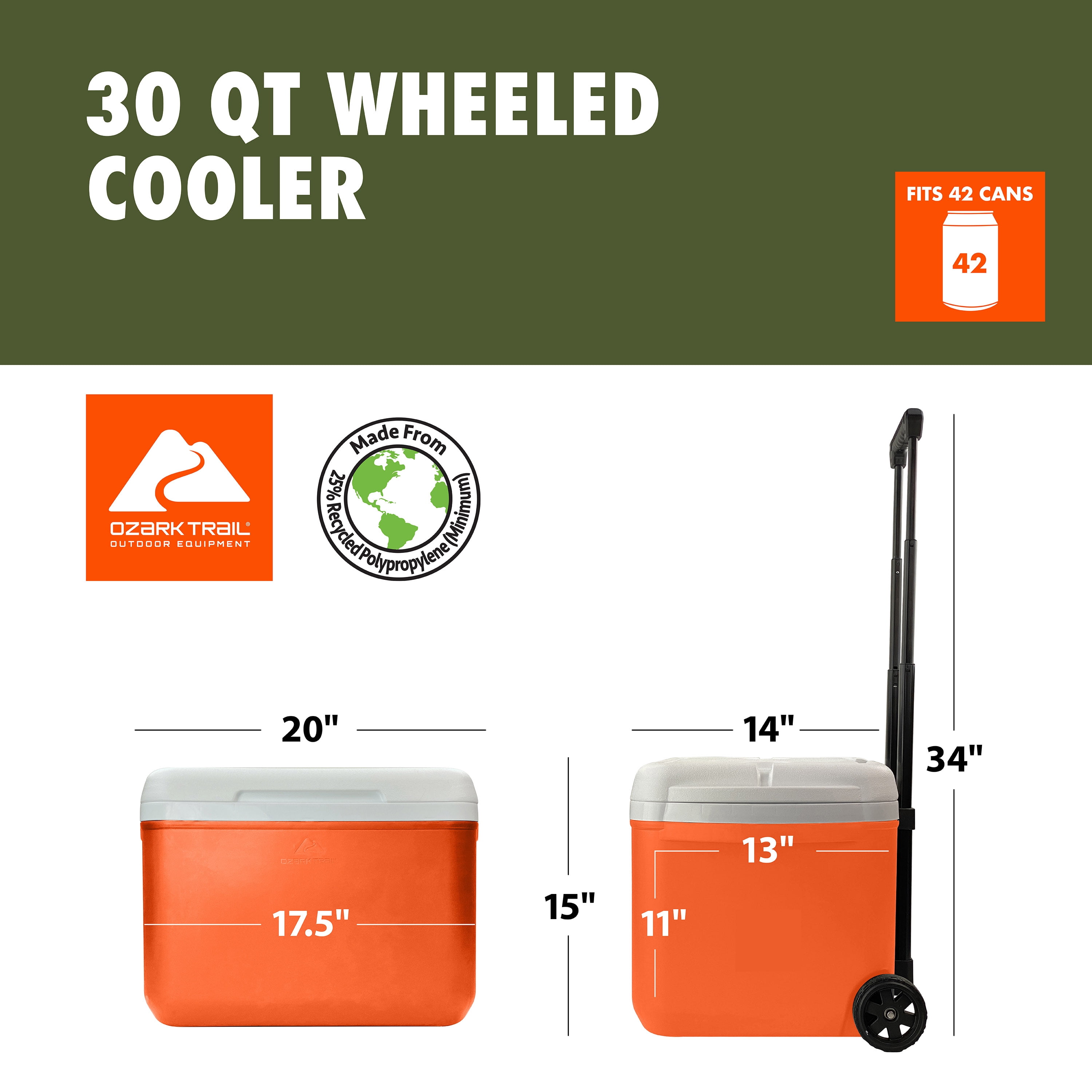 Ozark Trail 30 Quart Capacity Hard Side Wheeled Cooler, 42-Can, Bright Orange