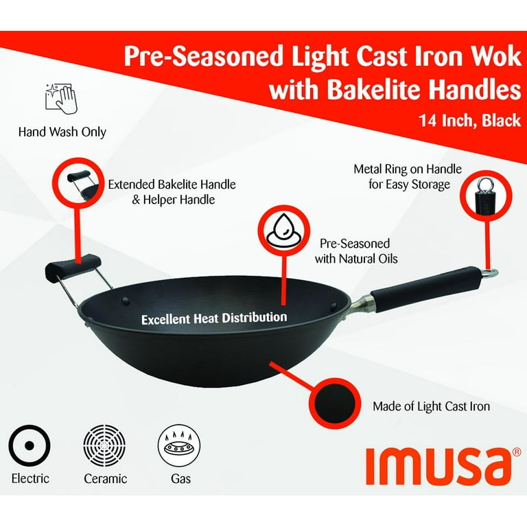 Imusa 14 inch Carbon Steel Natural Interior Wok with Helper Bakelite Handle  