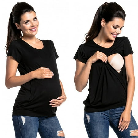 

Fragarn plus size maternity clothes Women Maternity Wrap Tops Cap Sleeves Double Layer Solid Blouse T-Shirt