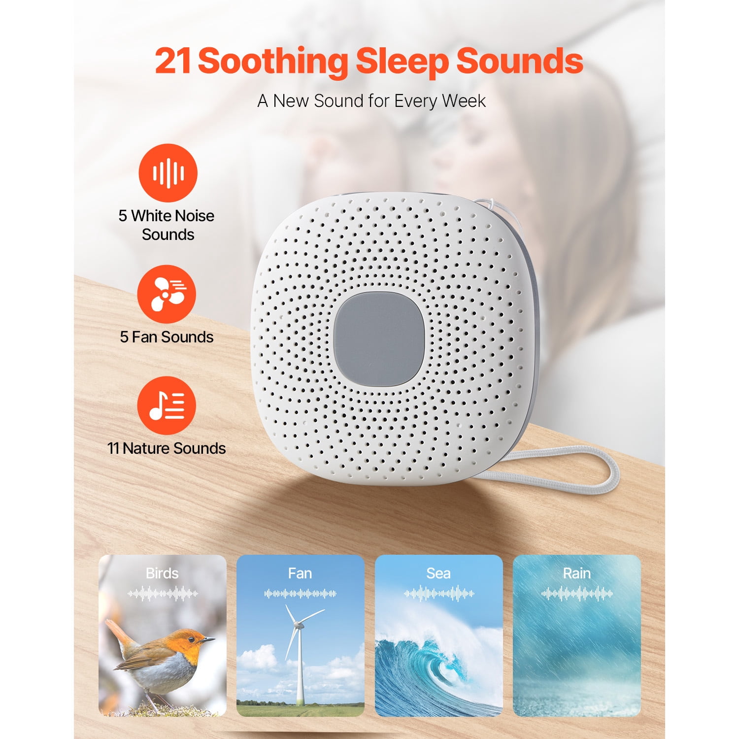 KFFKFF Portable Sound Machine with 21 Relaxing Sleep Sounds, 3-in-1 Design Featuring White Noise, Auto-Off Timer, Gentle Night Light, and Memory Function for Babies, Adults, Home, Office, and Travel