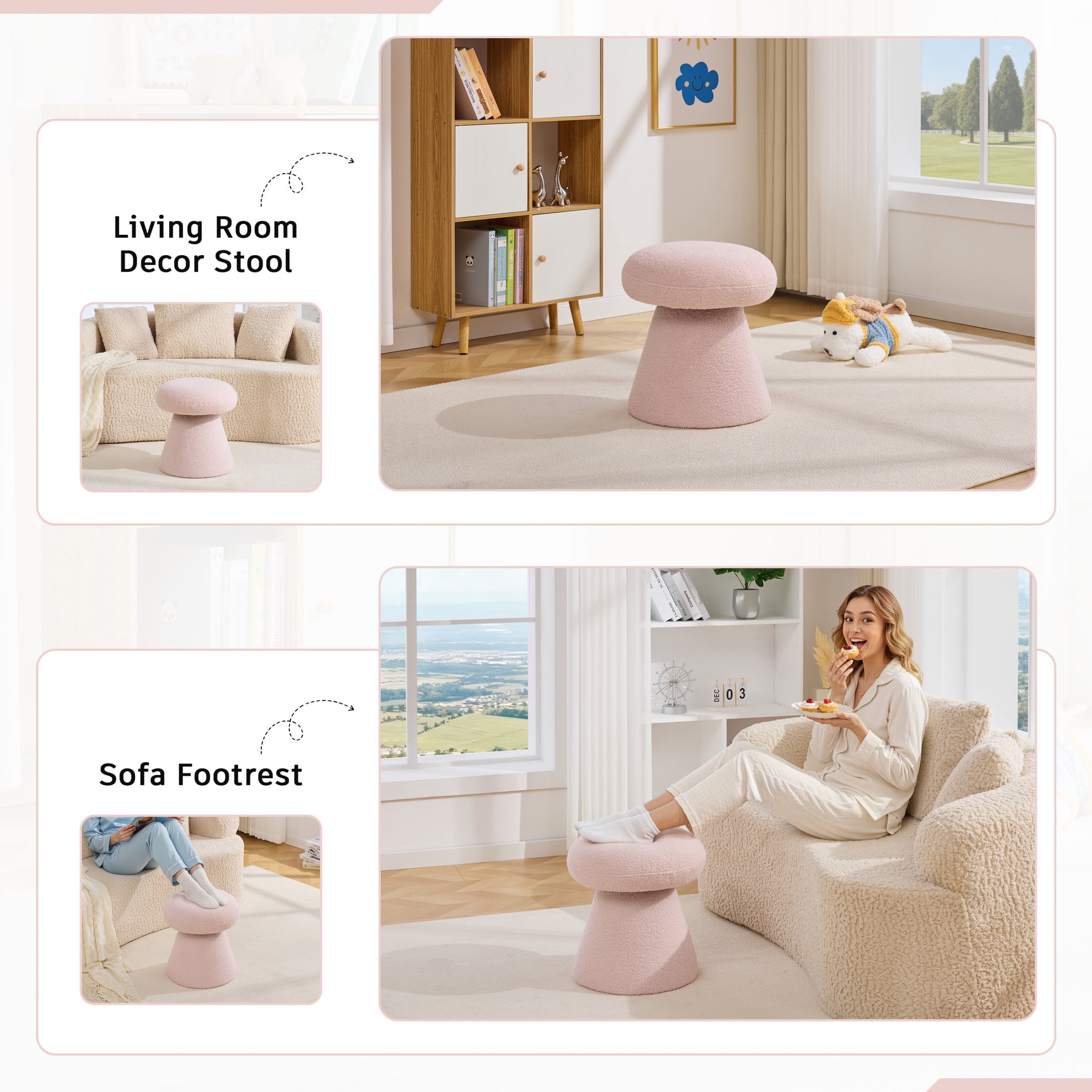 Noble House Arvion 360° Swivel Mushroom Ottoman, Round Teddy Vanity Footrest Dressing Chair for Living Rooms, Pink