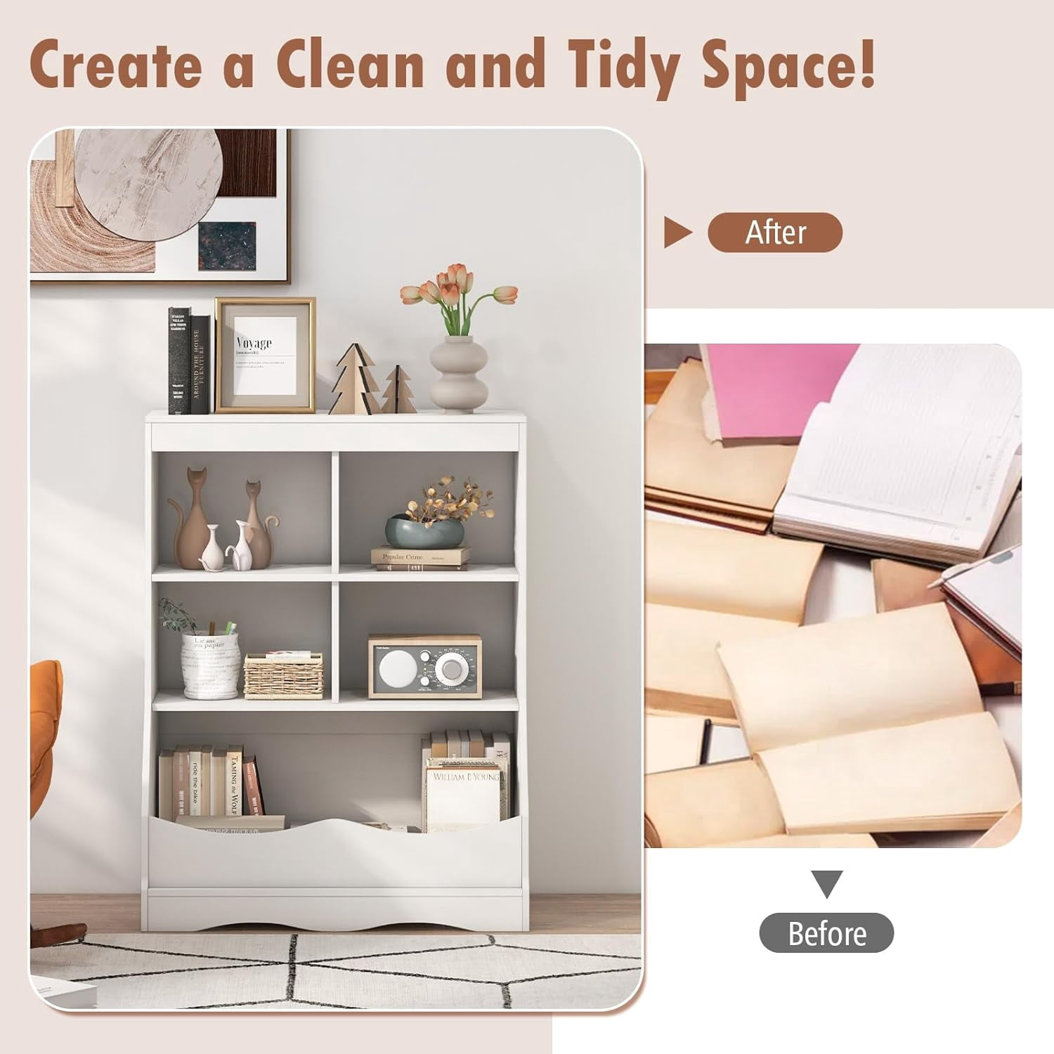 LINJH Storage Cabinet, Small Bookshelf, Short Bookcase with 4 Open Cube & Bottom Compartment, Anti-Tipping Device, Foot Pads, Cubby Storage Organizer for Study, Living Room-White