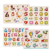 Wooden Peg Puzzles for Toddlers 2 3 Years Old, WOOD CITY Alphabet & Number Puzzles for Kids, 4 Pcs Toddler Puzzles Set - Letters, Numbers, Animals and Vehicles, Learning Toys Gift for Girls and Boys