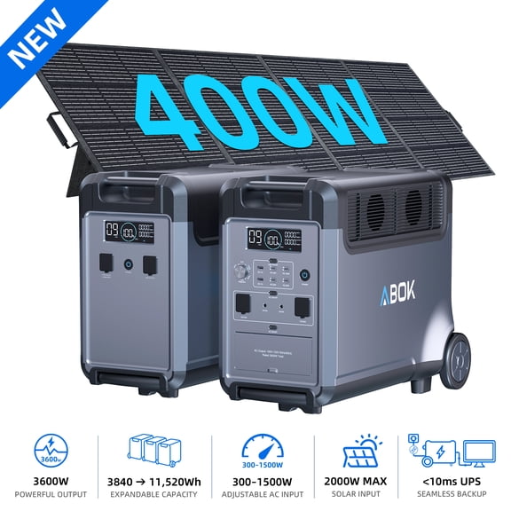 ABOK Ark3600 7680Wh Solar Generator, 3600W LiFePO4 Portable Power Station with Expansion Battery & 400W Solar Panel for Home Backup, RV, Off-Grid & Hurricane Blackouts