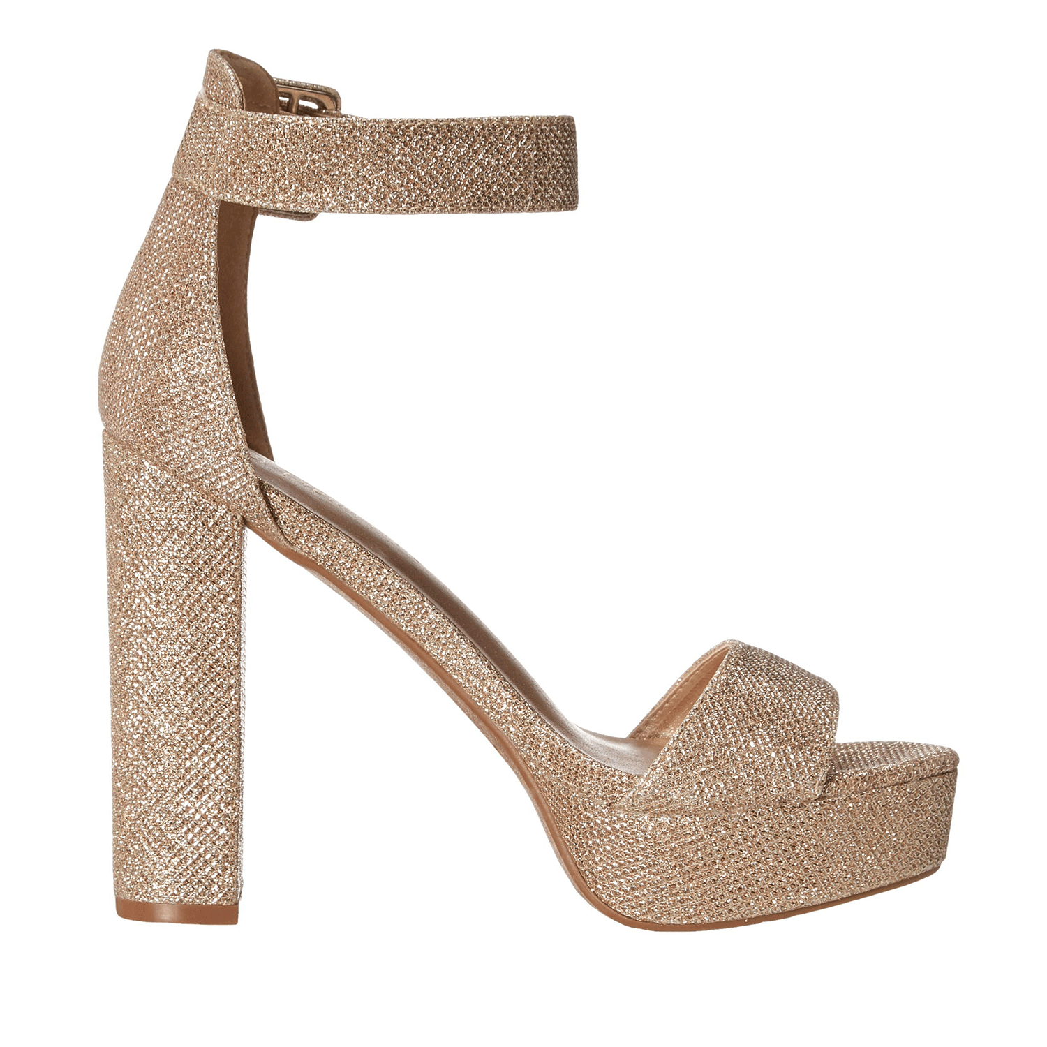 EMANI STRAPPY MID HIGH BLOCK HEELS PEEP TOE IN GOLD GLITTER – Where's That  From UK
