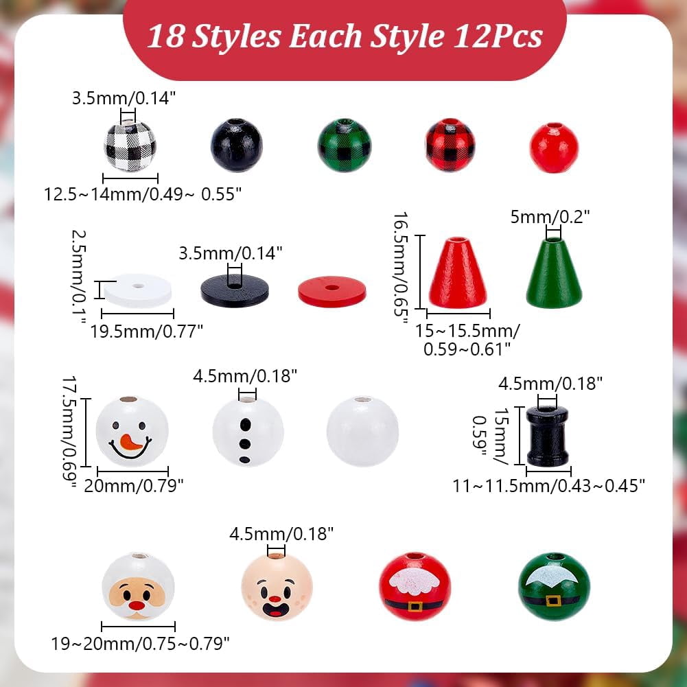 216 Pcs Christmas Wood Beads Cloumn Beads Cone Beads Round Beads Smooth Wooden Beads Handmade Loose Wood Spacer Beads Colorful Beads with Holes for Christmas DIY Crafts Jewelry Making