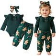 thumbnail image 4 of CAICJ98 Newborn Baby Girl Christmas Outfit Ruffle Long Sleeve Romper Bodysuit Bow Pants Set with Headband Cute Infant Fall Winter Clothes (Green,3-6 Months), 4 of 8