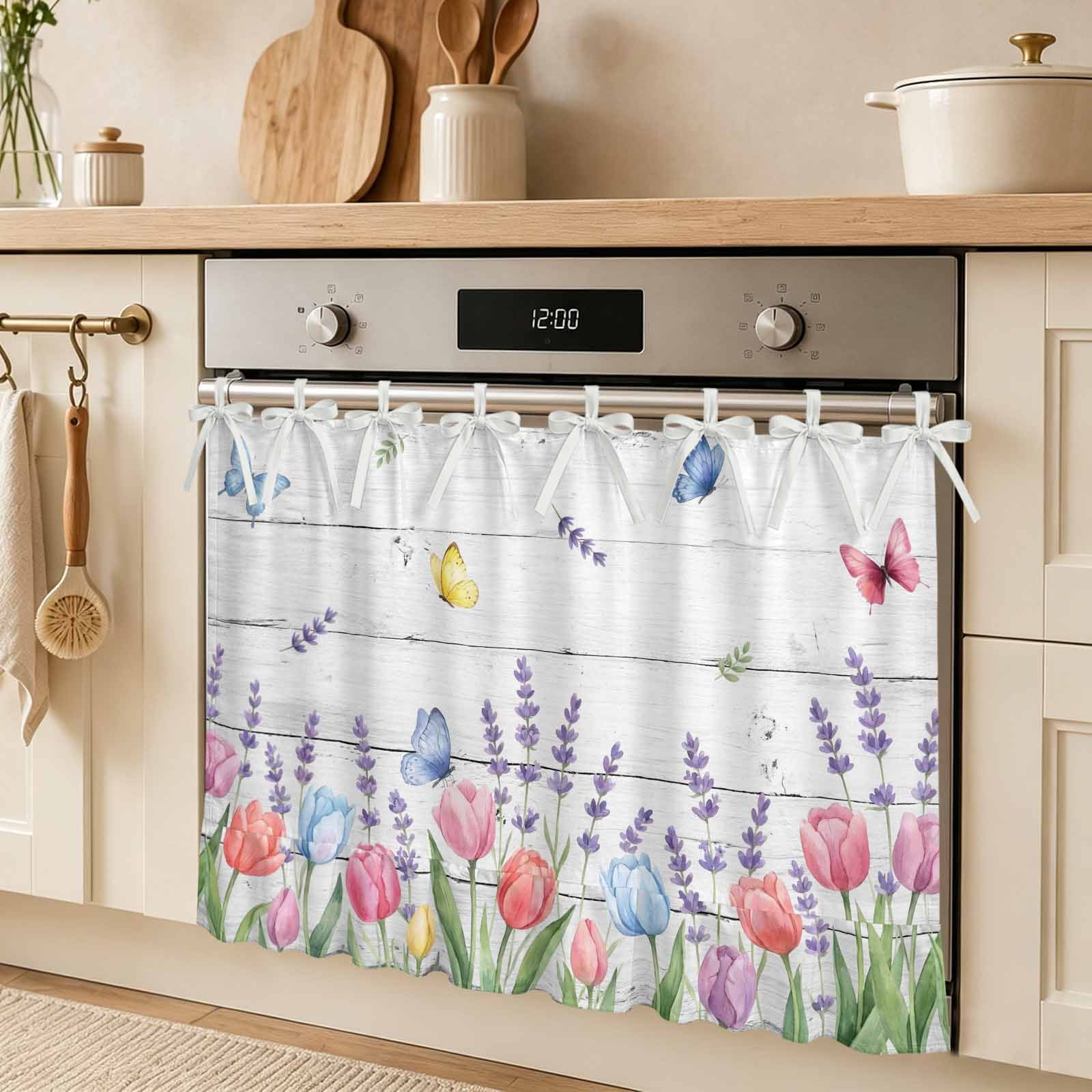 Summer Flower Oven Skirt Curtain Rustic Pink Tulips Floral Color Butterfly Wood Grain Tie Top Tier Curtains Stove Dishwasher Skirt Small Window Drapes for Kitchen Bathroom Cafe 32 x24