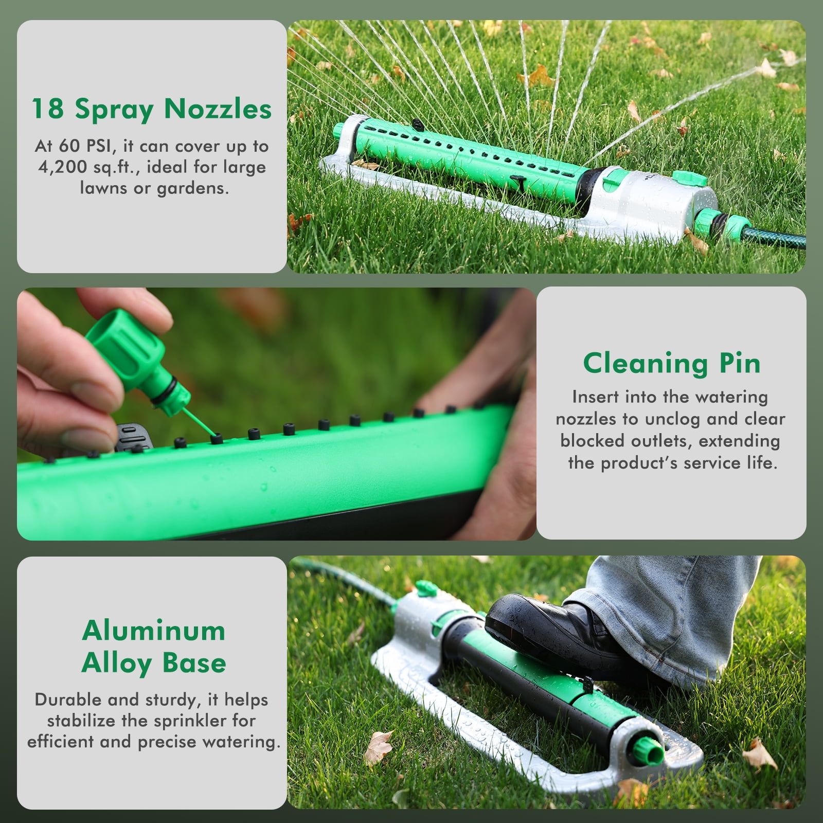 Restmo Heavy Duty 4,200 Sq. Ft. Oscillating Sprinkler with Stable Metal Base, 18 Nozzles, Adjustable Flow & Width Sprinkler for Garden, Flower Beds, Large Area Watering