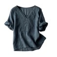 thumbnail image 3 of ClodeEU Women's Embroidered Linen Blend V Neck Short Sleeve T-Shirt ,Casual Top for Summer Navy,Womens Plus XL, 3 of 6