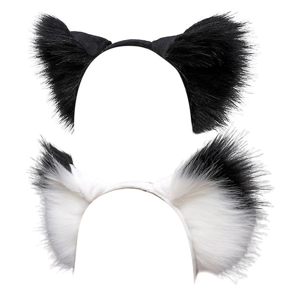 Diadema con orejas de piel sintética para gato y zorro, diadema hecha a mano para Halloween, orejas peludas de animales, aro para el pelo, blanco, negro y negro, 2 uds.