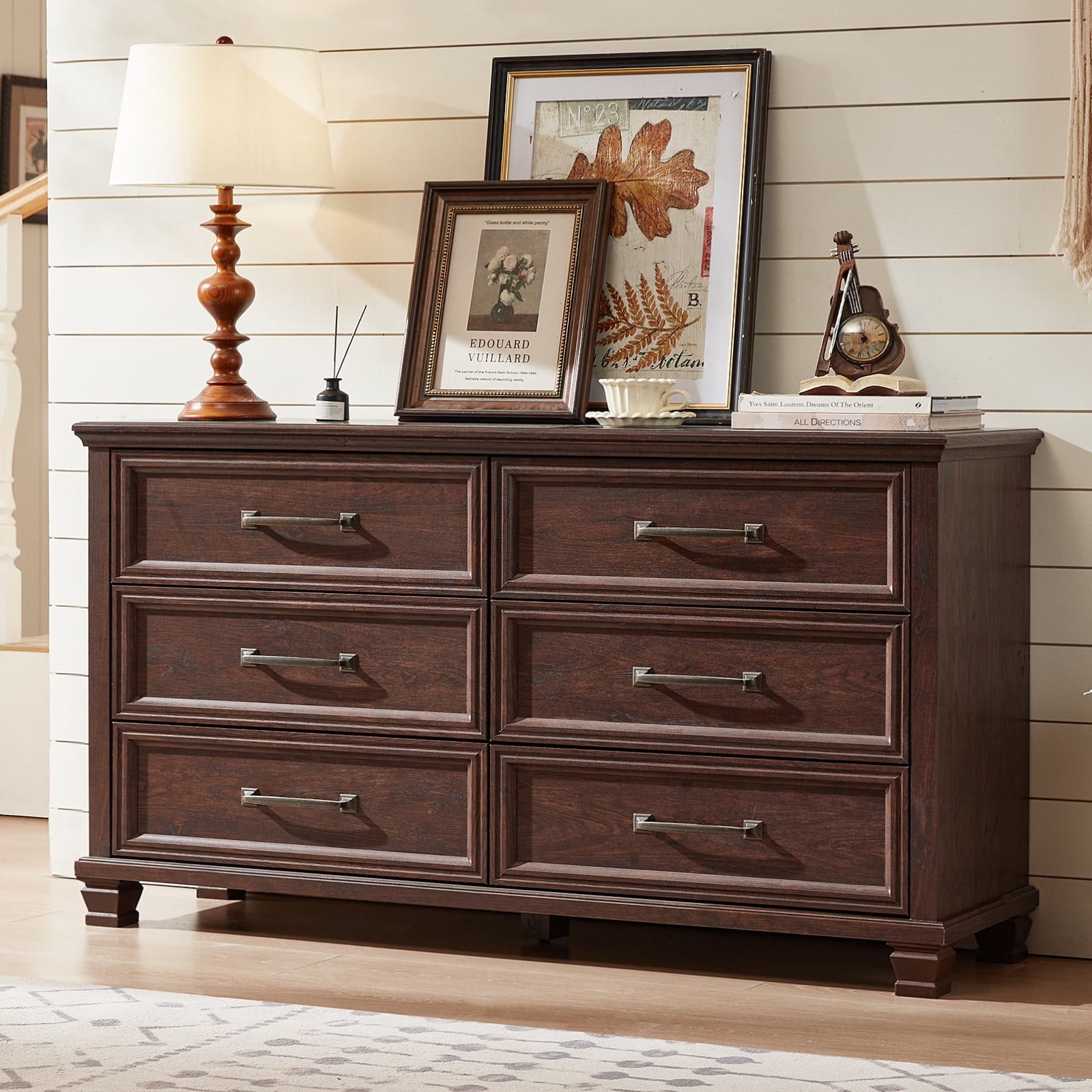 LELELINKY Farmhouse 6 Drawer Dresser, 54" Long Dressers for Bedroom, Chest of Drawers Closet Organizers and Storage Clothes for Living Room, Hallway, Walnut