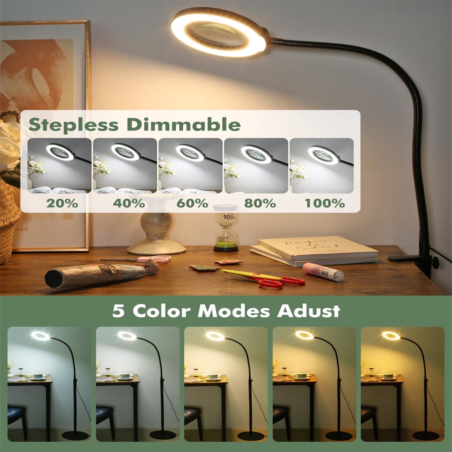 Veemagni Magnifying Glass with Light and Stand,  24" Flexible Gooseneck 5 Color Modes Stepless Dimmable Magnifying Floor Lamp, 3-in-1 Adjustable Lighted Magnifier Hands Free for Close Works, Craft