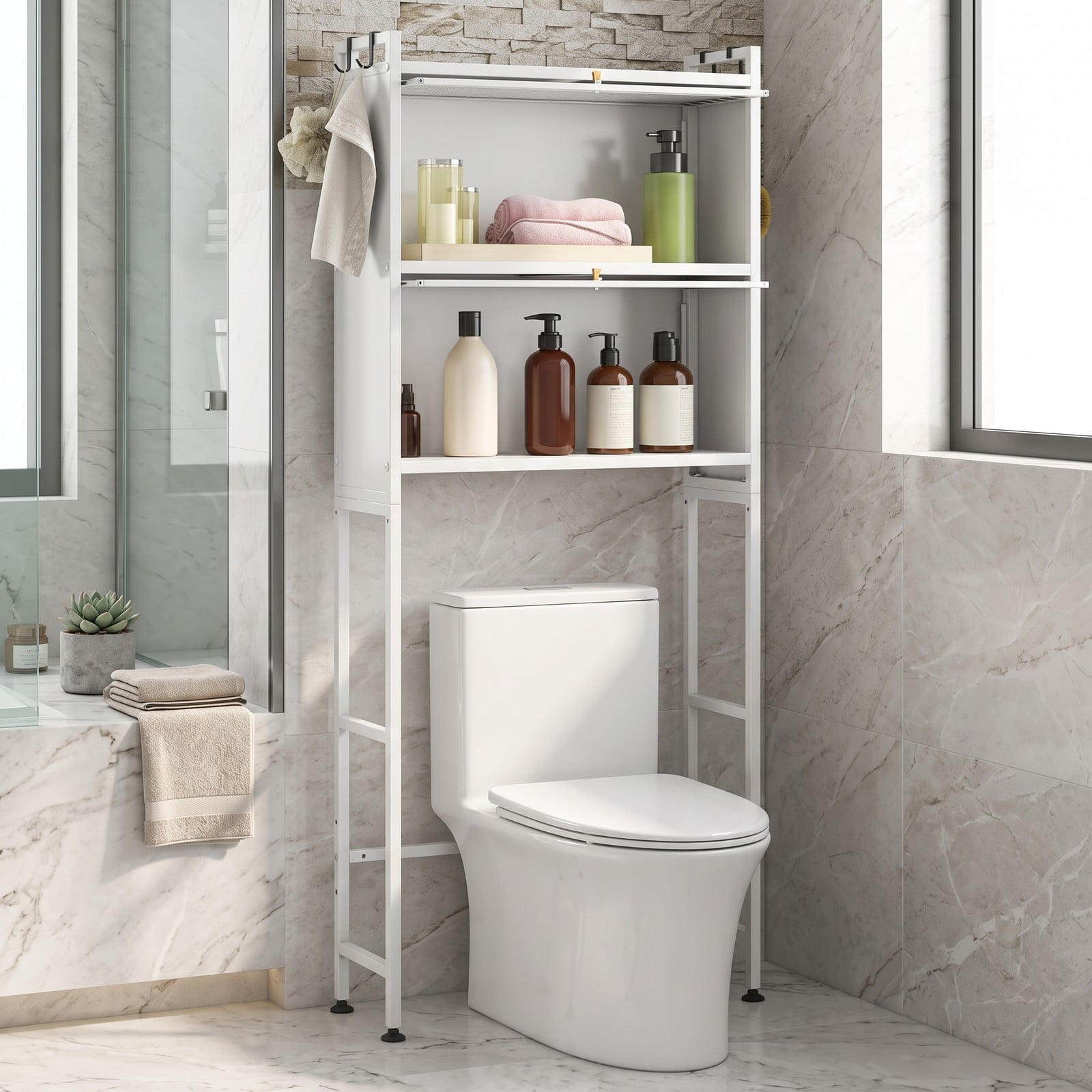 ALPULON Over the Toilet Cabinet Bathroom Organizer with 2 Flip-Up Fluted Door Cabinets and 4 Side Hooks for Storage, White