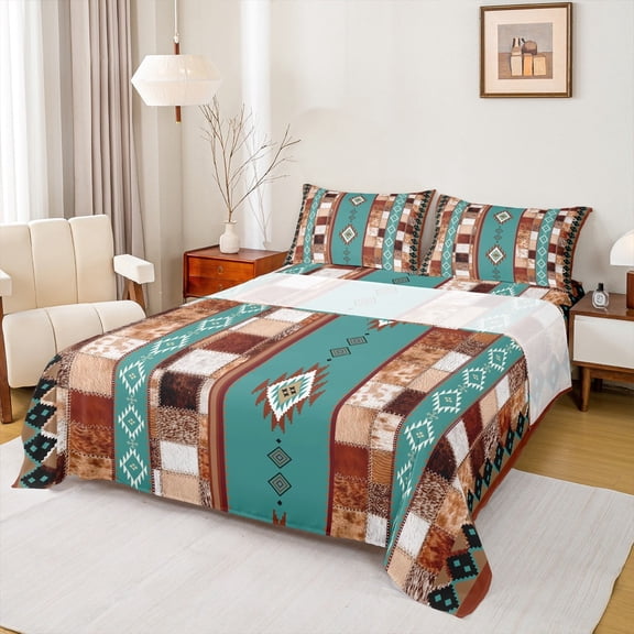 Feelyou Western Boho Aztec Full Size Sheets, Rustic Cow Print Bed Sheets, Retro Tribal Geometric Sheet Sets, Ultra Soft Room Decor, 4-Piece