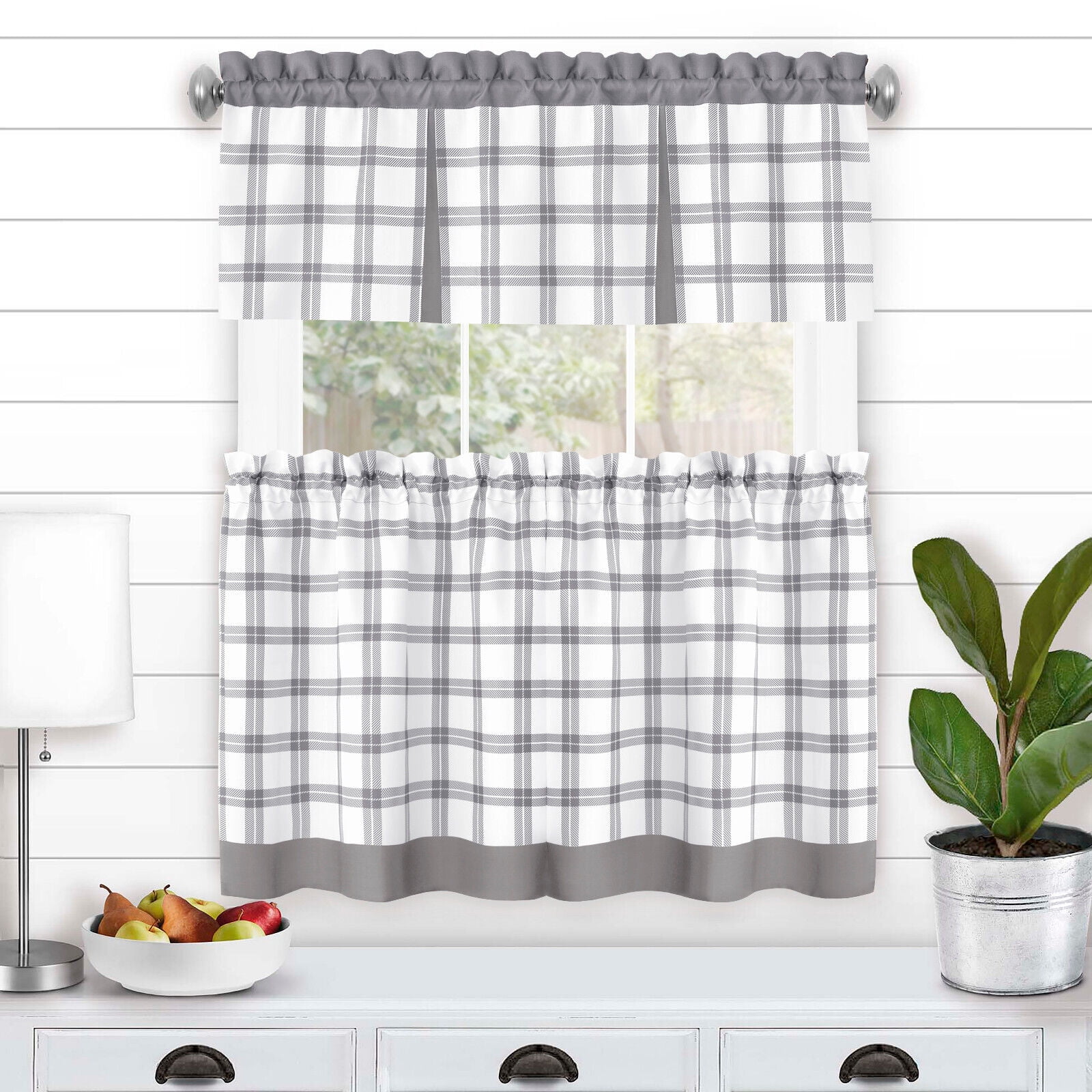 Kate Aurora Windowpane Plaid Country Farmhouse Kitchen Curtain Tier ...