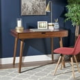 thumbnail image 3 of Small Desk, Office Desk with Center Drawer and Rubberwood Leg, Mid Century Style Writing Desk for Home Office Computer Small Spaces, Brown, 3 of 9