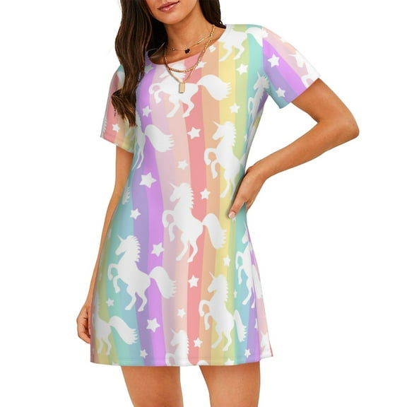 Rainbow Unicorn Women'S Nightgown Sleepwear Short Sleeves Nightshirt Loose Comfy Pajama Small