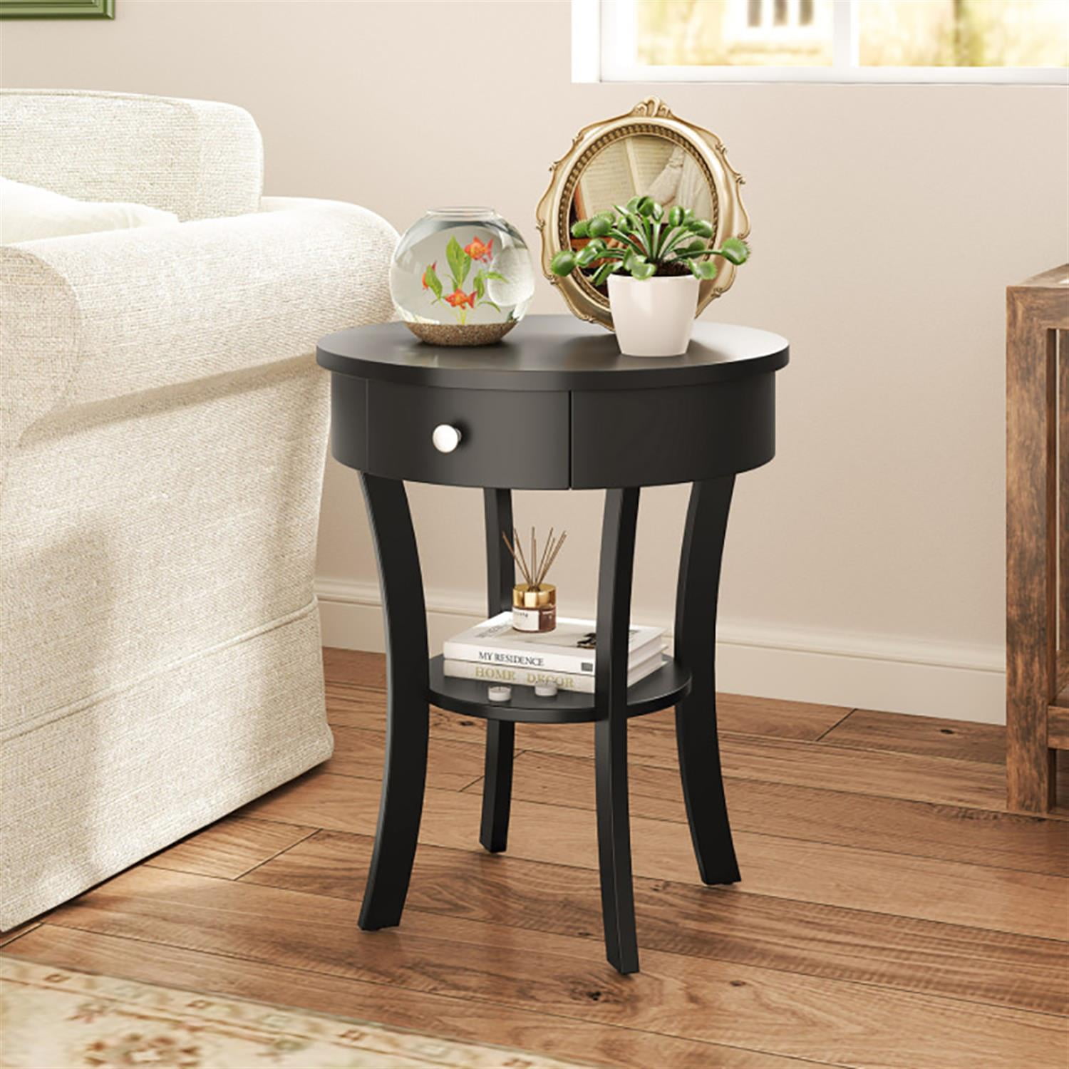 Demi Bonn Wood Sofa Side Table, 2-Tier Round End Table with Open Drawer, Nightstand for Small Spaces, Living Room, Bedroom, Black