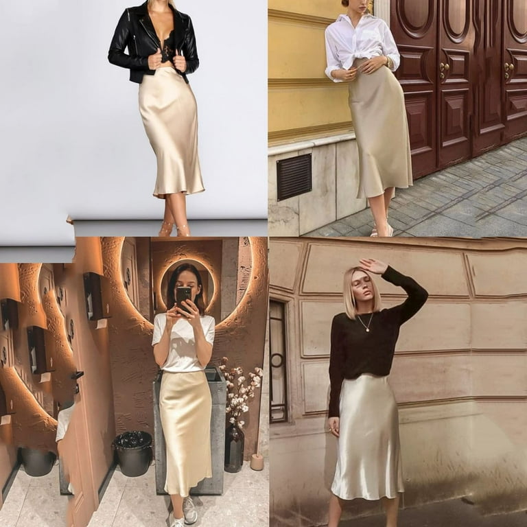 Prolriy Satin Skirt Womens High Waist Midi Skirt Solid Satin Prolriy Satin Skirt Womens High Waist Midi Skirt Solid Satin