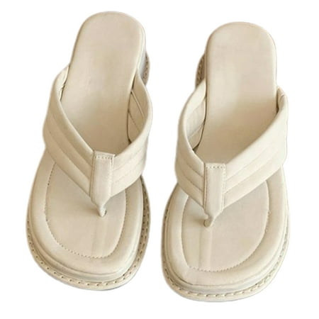

huanledash 1 Pair Solid Color Round Toe Flip Flops Slip-on Slope Heel Platform Women Slippers for Outdoor