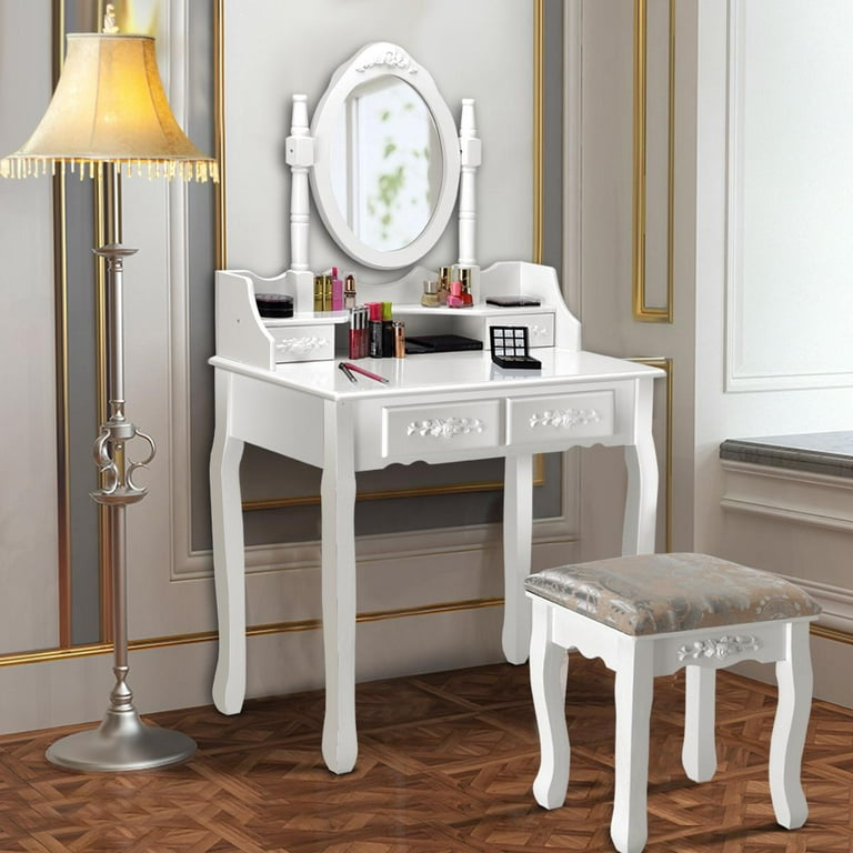 Giantex Vanity Table Set with Oval Mirror and 4 Drawers Makeup Dressing Table with Cushioned Stool Wooden Makeup Table for Bedroom Bathroom Girls