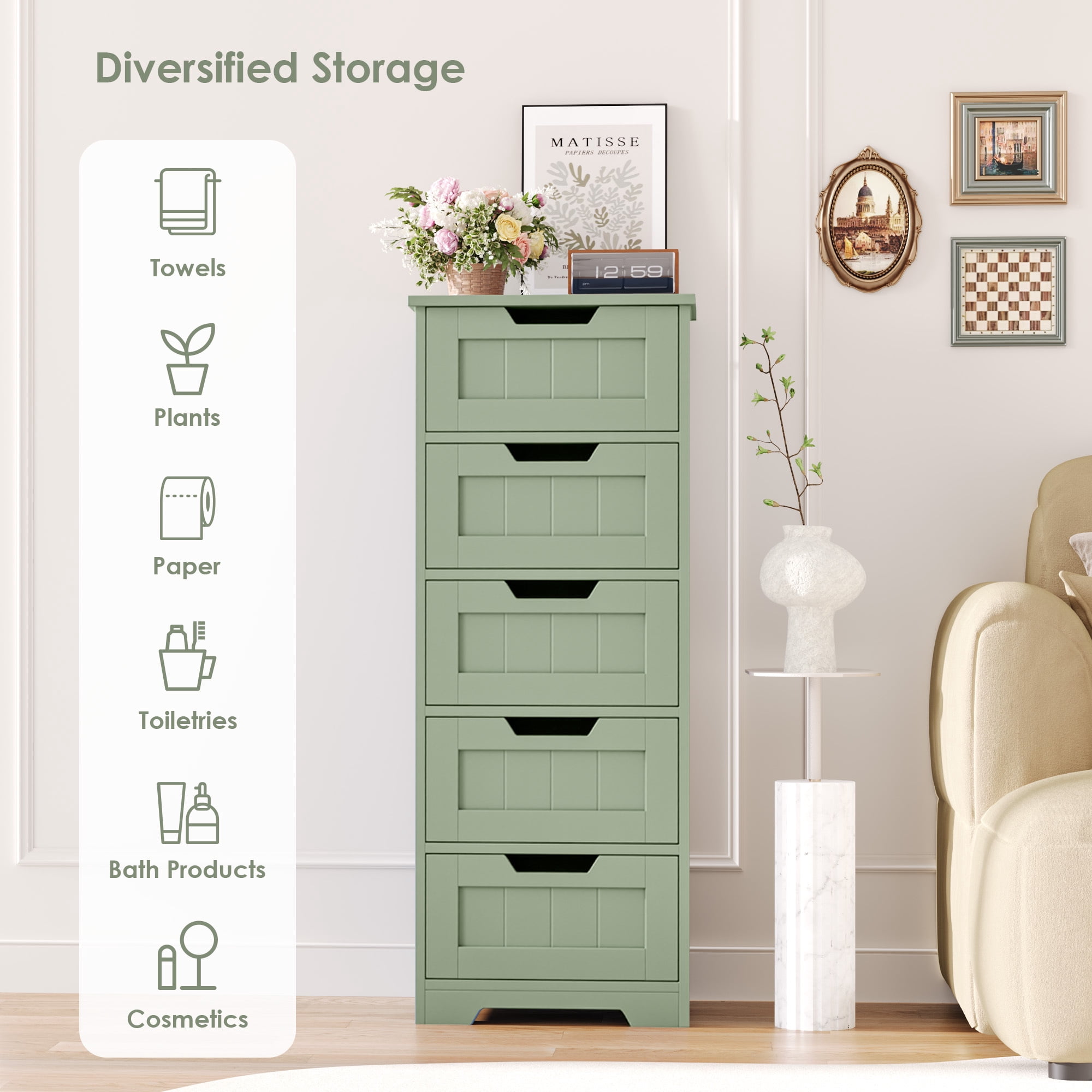 Homfa Modern Bathroom Cabinet, Free Standing Storage Cabinet with 5 Drawers Organizer Unit for Living Room Bedroom, Green