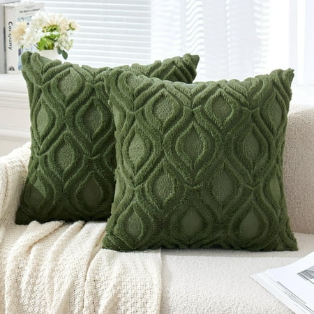 

MIULEE Moss Green White Throw Pillow Covers 16x16 Inch Soft Plush Faux Wool Couch Pillow Covers Set of 2 Decorative Farmhouse Boho Throw Pillows for Sofa Living Room Bed