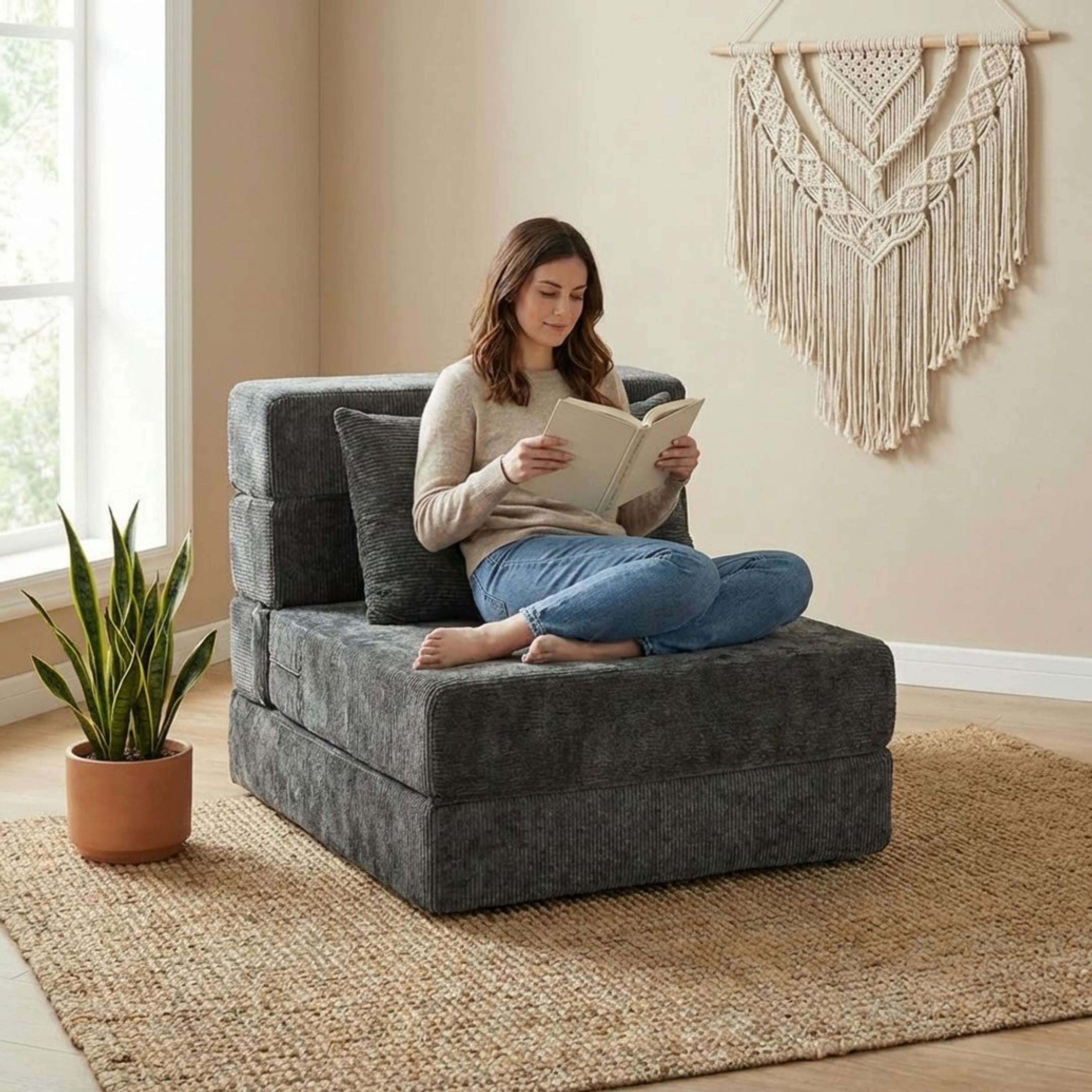 Oak and Birch 3-in-1 Folding Floor Sofa Bed, Convertible Floor Sofa to Chaise & Sleeper with Lumbar Pillow for Apartment, Dorm & Small Spaces, Chenille, Dark Gray