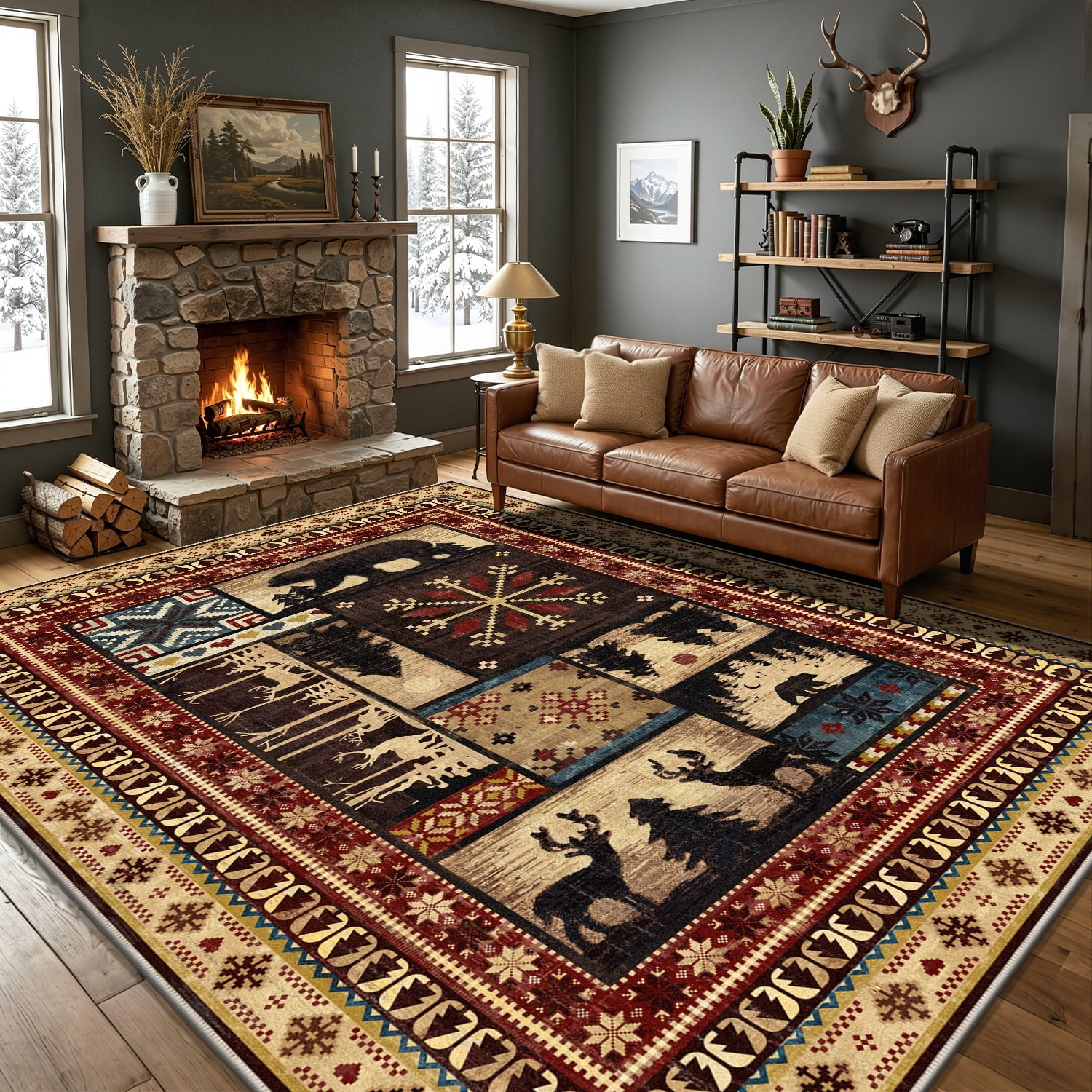 MJIAexp 8'x10' Area Rug Washable Living Room Rug,Vintage Western Buffalo Bear Decor Indoor Large Carpet Rugs, Non Slip Soft Low Pile Area Carpet for Living Room Bedroom Festive Decor
