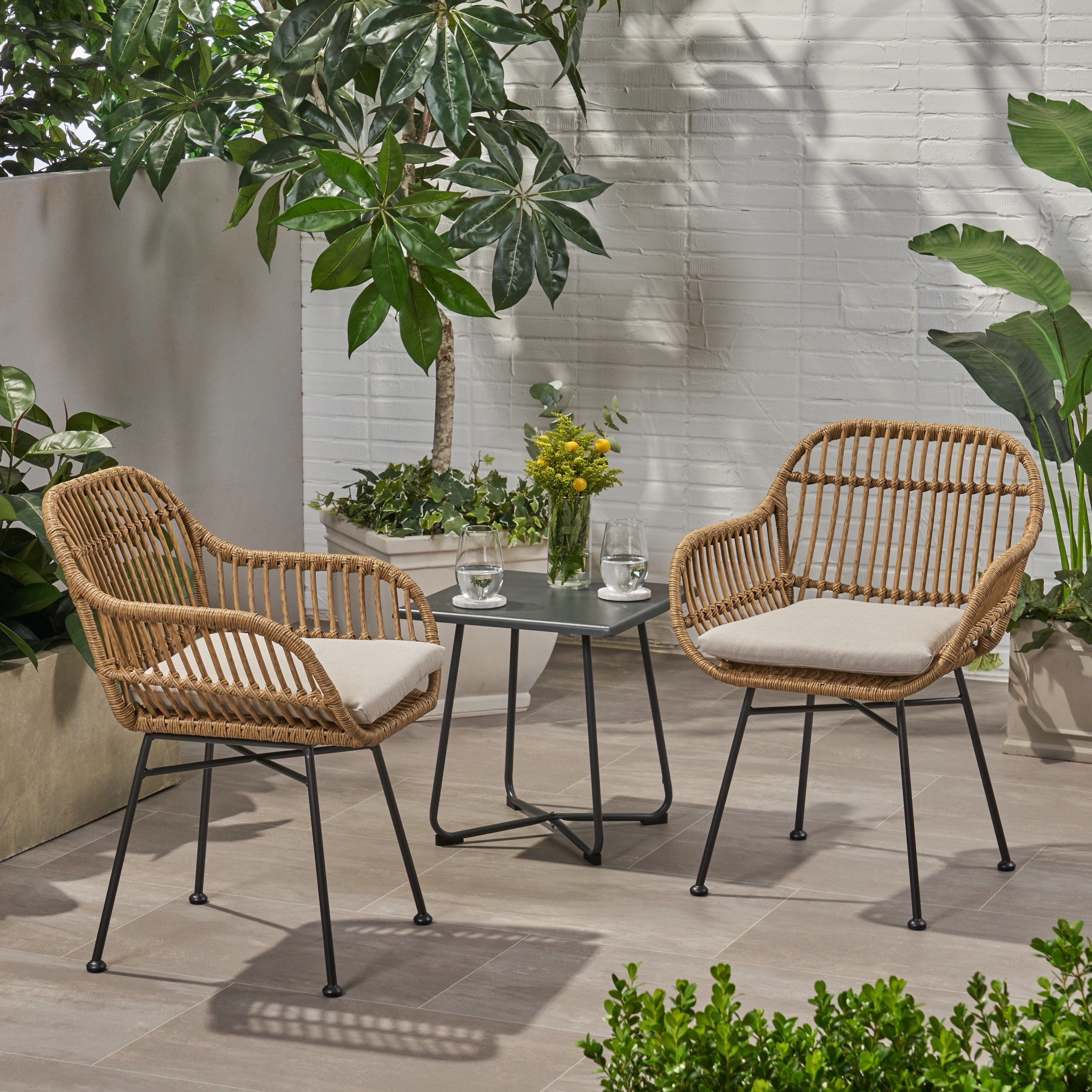 Louise Outdoor Woven Faux Rattan Chairs with Cushions, Set of 2, Light Brown and Beige - Walmart 