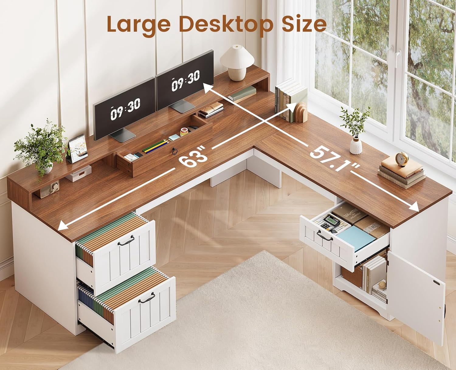 Farmhouse L Shaped Desk with Storage, Rustic Corner Desk with Monitor Stand, 2 File Drawers & 1 Cabinet, Home Office Desk with Spacious Desktop, Large PC Workstation, White & Black Top