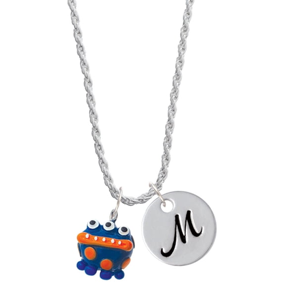 Delight Jewelry Resin Blue Alien with Orange Dots Silvertone Script Initial Disc - M - Charm Necklace, 20"+3"