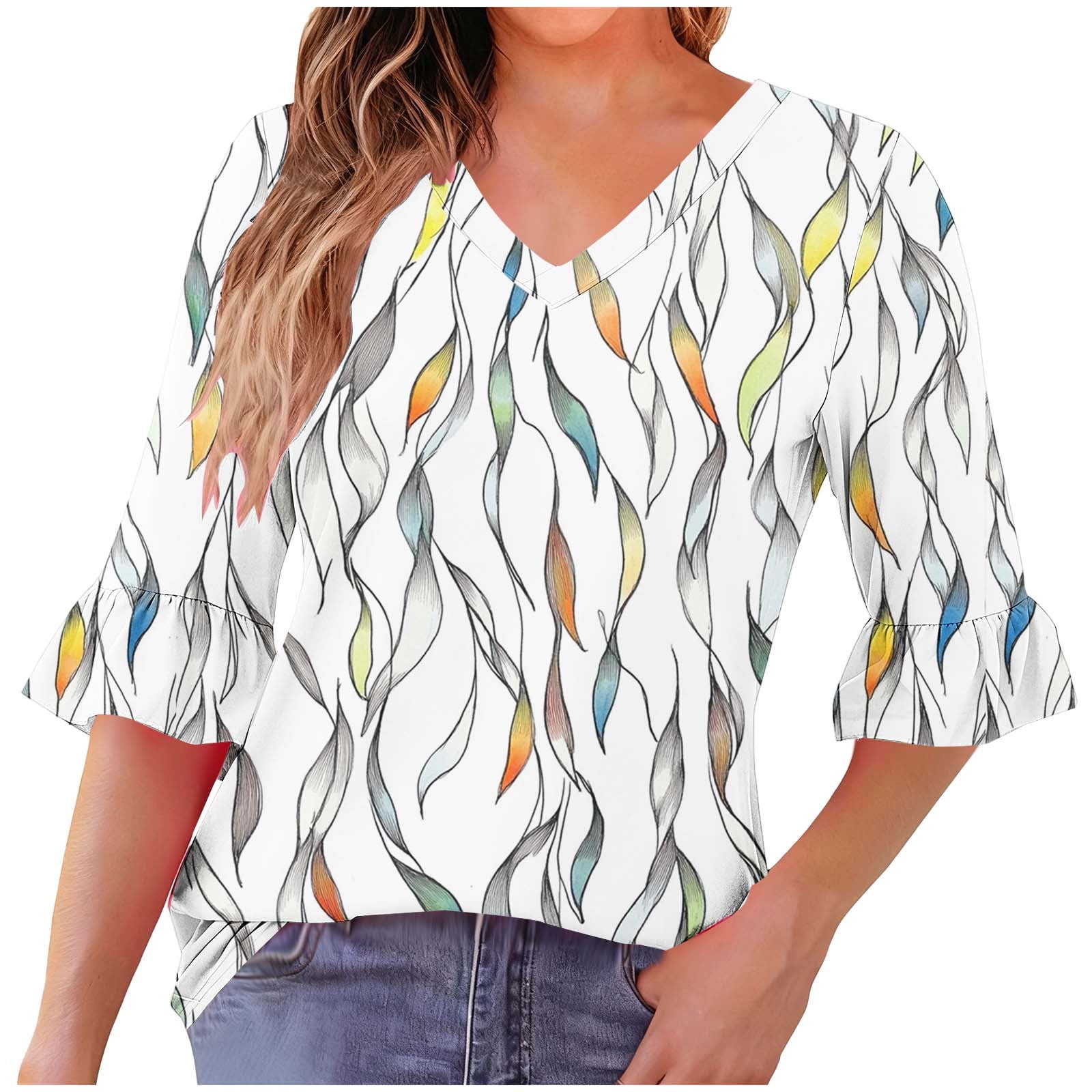 New Arrivals Womens V Neck Shirt Floral Print 3/4 Sleeve Blouse Tees Tshirts Fall Tops Fall Fashion Must Haves My Items